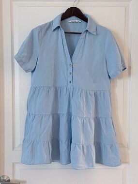 Zara Light Blue Tiered Short Sleeve Shirt Dress